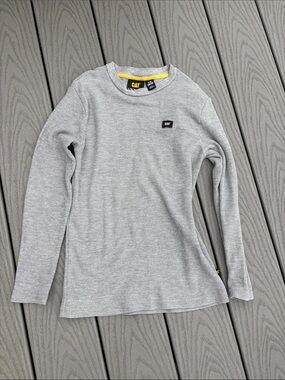 Caterpillar Light Gray Long Sleeve Thermal Tee with Yellow Neck Trim